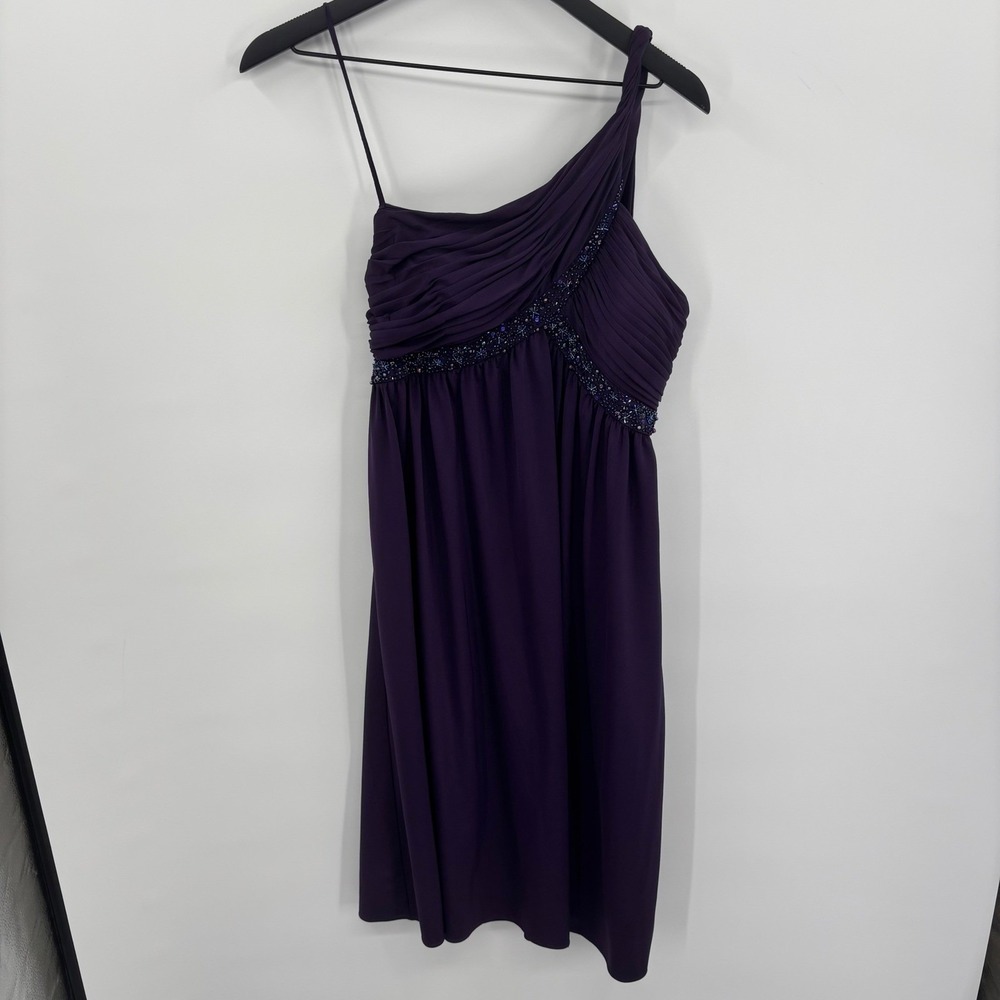 Adrianna Papell One Shoulder Cocktail Dress 10 Purple Ruched Beaded‎ Formal Hoco